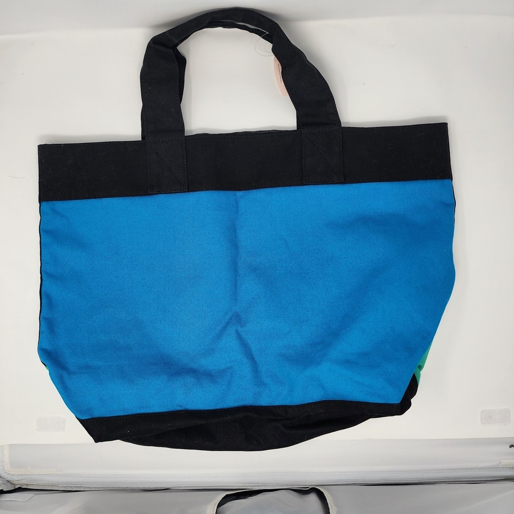 Victoria's Secret Tote Bag Women Large Teal Blue Black Canvas Logo Colorblock - Picture 3 of 8